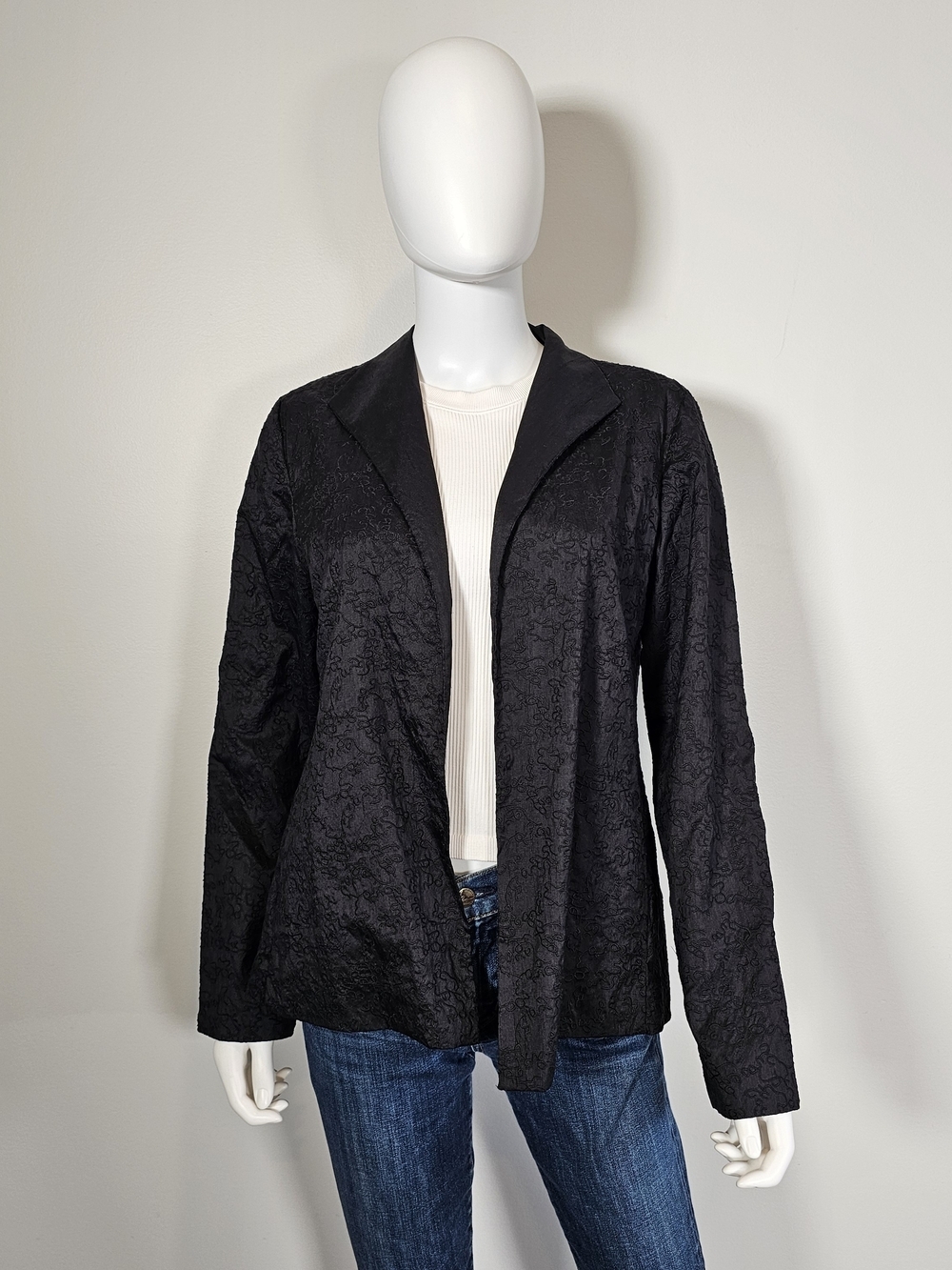 Eileen Fisher Silk Black Swirl Detail Open Front Cardigan Sz M